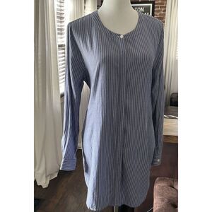 Ann Taylor Blue Pinstriped Button Up Tunic Blouse  W/ Tie Back Size L  Lagenlook